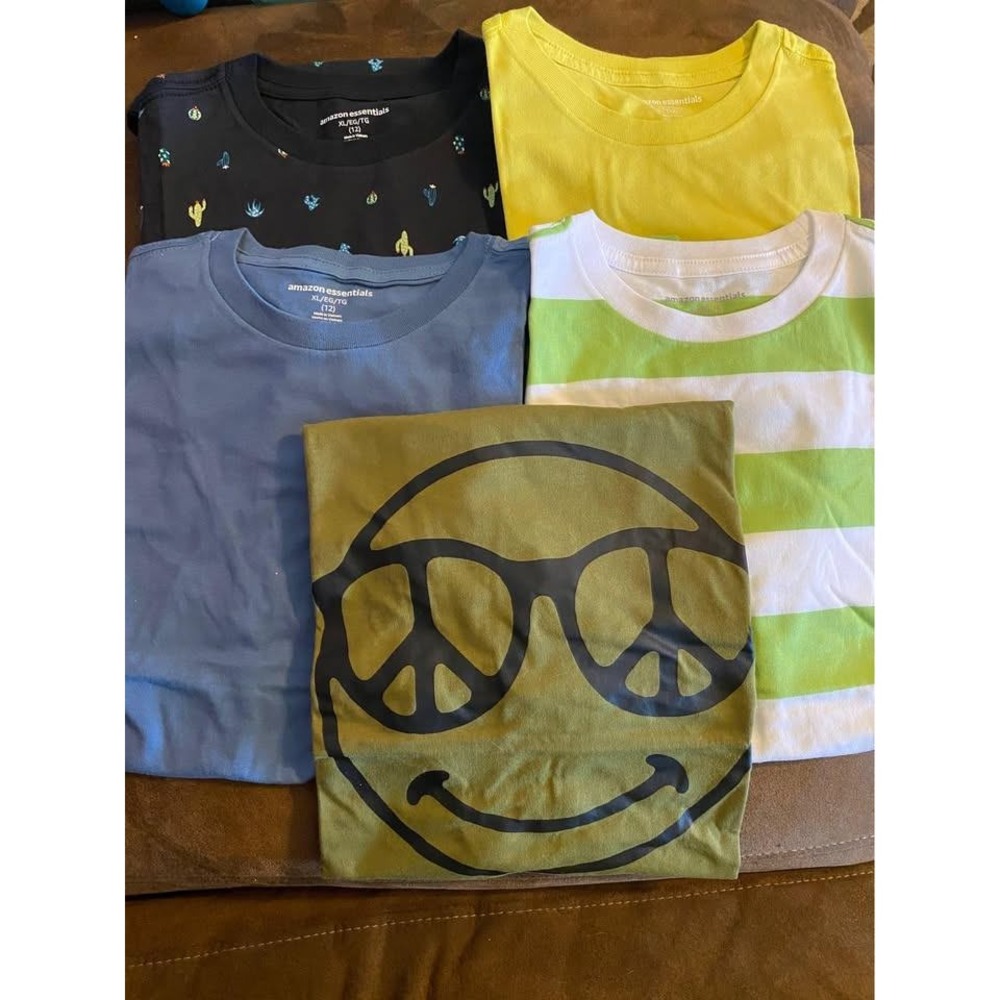 Amazon Essentials Boys T-Shirt Lot 5pk XL 12 Blue Yellow Stripe Cactus Graphic